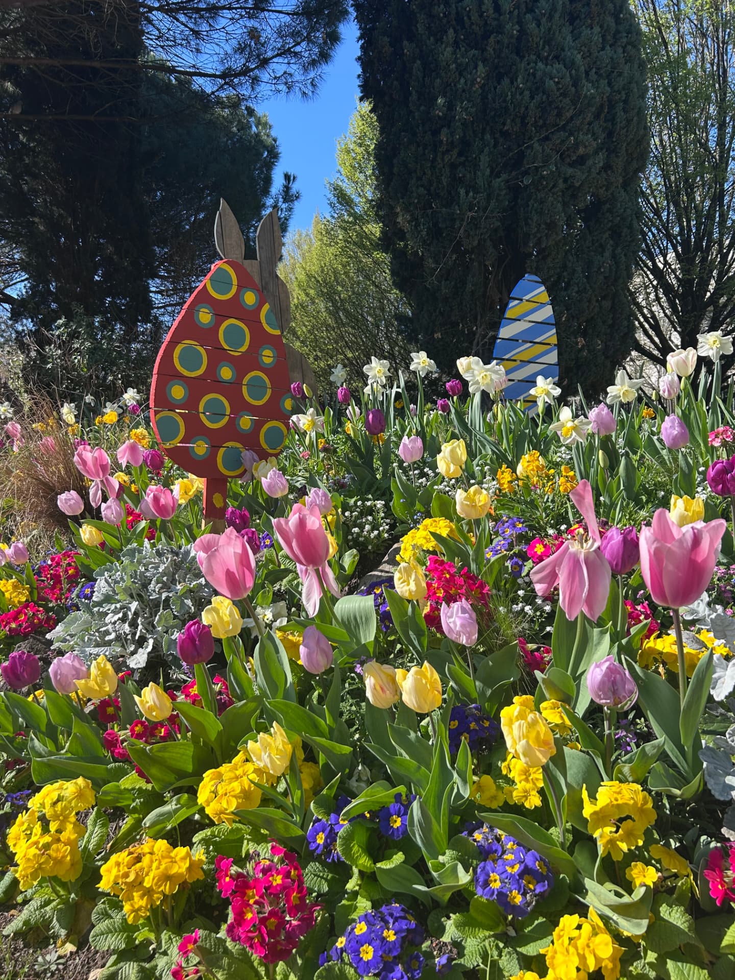 A bright spring garden filled with tulips, daffodils, and painted wooden Easter eggs among tall evergreens