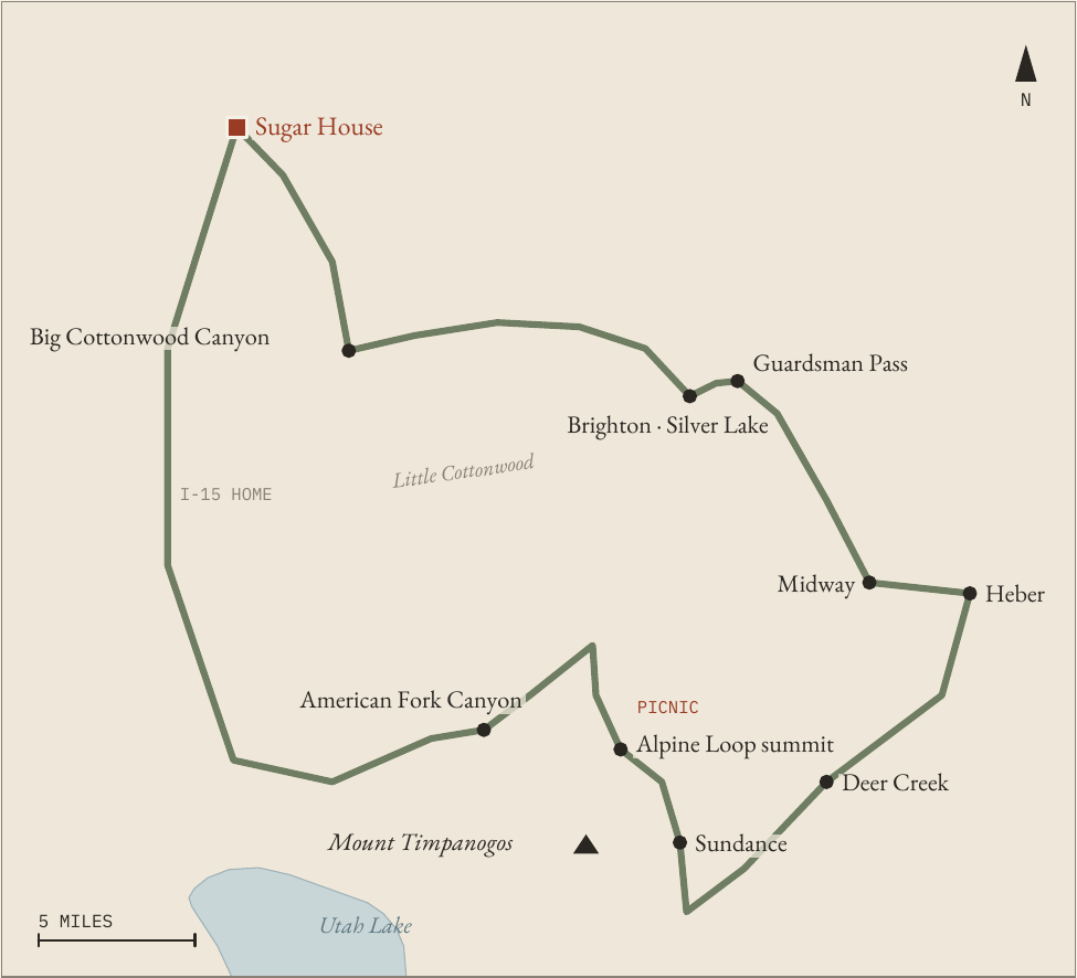 Schematic map of the Wasatch loop: Sugar House, Big Cottonwood Canyon, Brighton and Silver Lake, Guardsman Pass, Midway, Heber, Deer Creek, Sundance, the Alpine Loop summit and American Fork Canyon