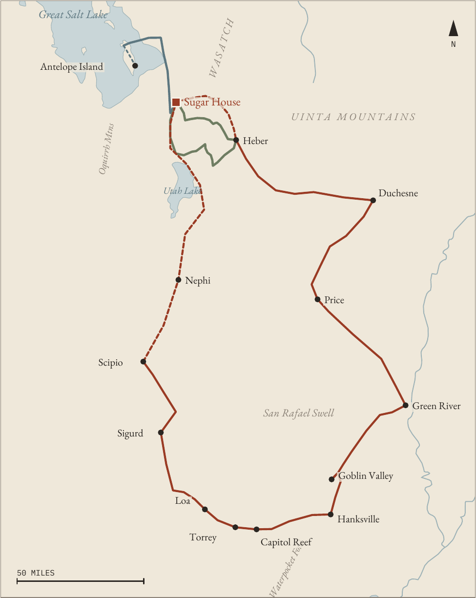 Schematic map of northern and central Utah showing the week's routes from Sugar House: the Wasatch loop, the Big Utah Day south to Goblin Valley and Capitol Reef, and Antelope Island in the Great Salt Lake