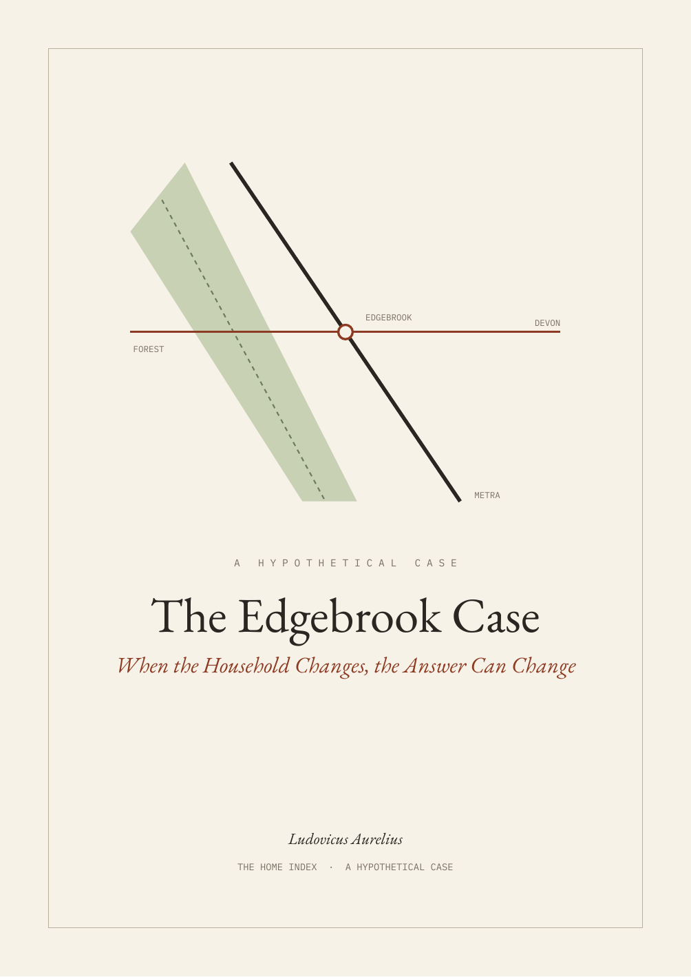 Cover of The Edgebrook Case: When the Household Changes, the Answer Can Change, a hypothetical case by Ludovicus Aurelius, with a simple drawing of Edgebrook, Devon, the forest and the Metra line