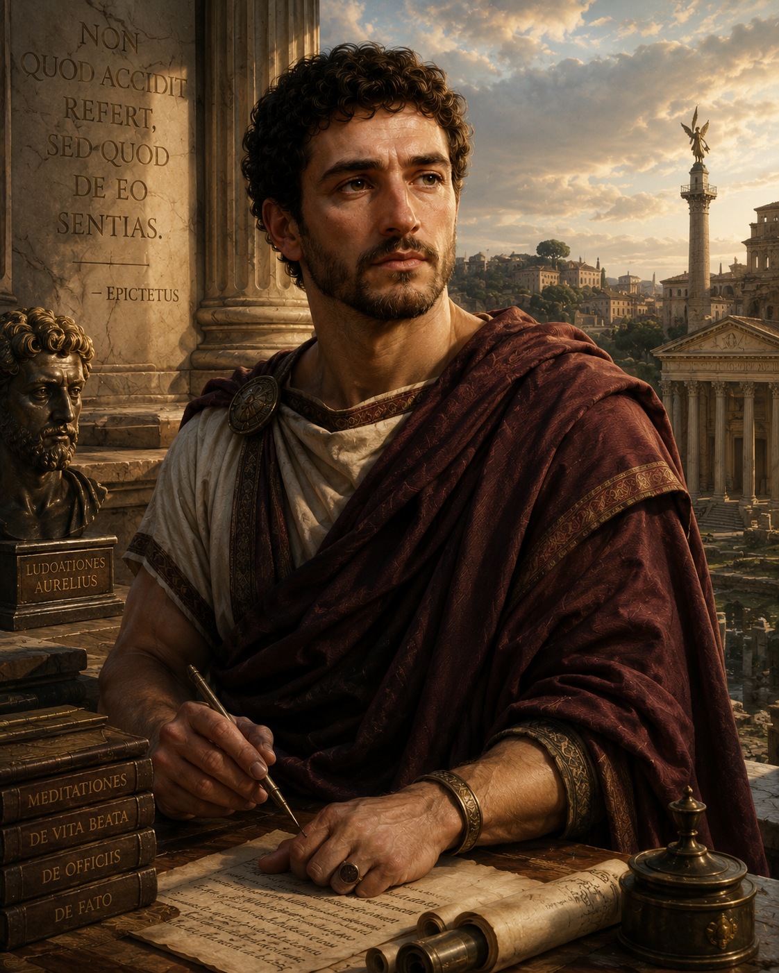 Portrait of Ludovicus Aurelius writing in his journal, with Meditations and Epictetus nearby