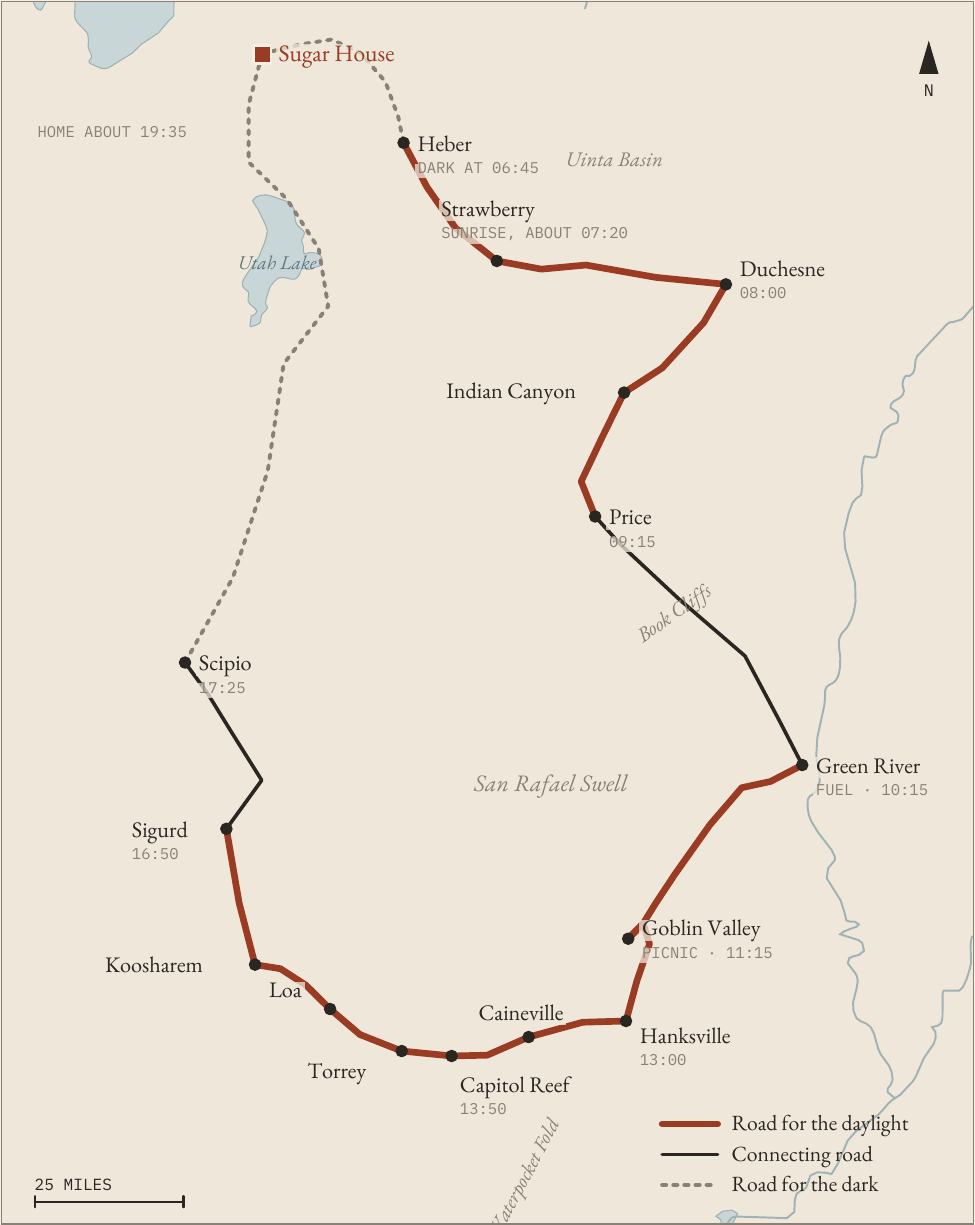 Schematic map of the Big Utah Day loop from Sugar House through Heber, Strawberry, Duchesne, Indian Canyon, Price, Green River, Goblin Valley, Hanksville, Capitol Reef, Torrey, Loa, Koosharem, Sigurd and Scipio, with times at each stop