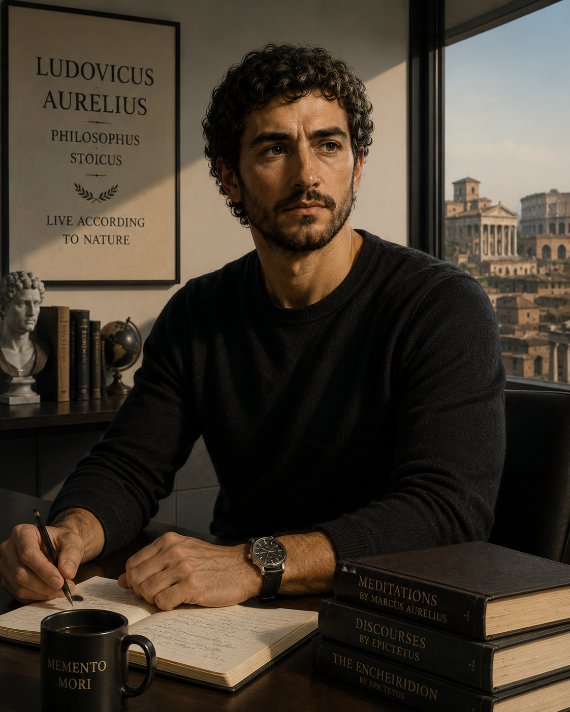 Ludovicus Aurelius writing in a notebook at a desk, with Meditations and Epictetus beside a Memento Mori mug and Rome visible through the window
